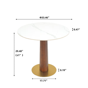 English Elm Modern Round Dining Table, 33.5" Sintered Stone Top With Wooden Legs & Gold Base For Compact Spaces W1535S00600