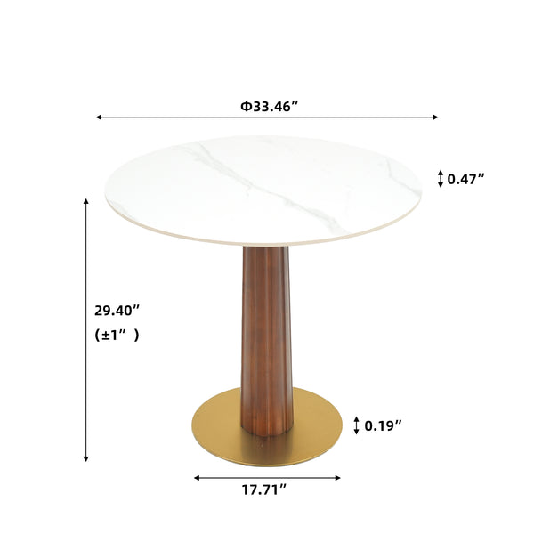English Elm Modern Round Dining Table, 33.5" Sintered Stone Top With Wooden Legs & Gold Base For Compact Spaces W1535S00600