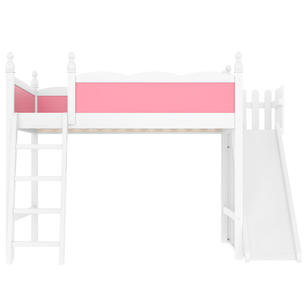 English Elm Full Loft Bed With Detachable Slide, Storage Shelves, And Cabinet In Pink & White – Fun & Functional! W1580S00245