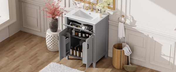 English Elm 24"Bathroom Luxurious Space-Saving Vanity with Ceramic Sink, Solid Wood Frame, Soft-Close Doors and Storage Grey N729P183716E