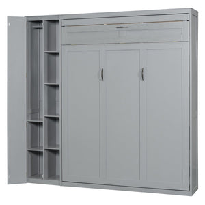 English Elm Queen Murphy Wall Bed with Led Lighting Open Shelves and Wardrobe Cabinet Storage LP000899AAE