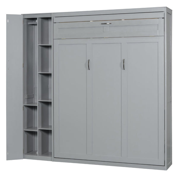 English Elm Queen Murphy Wall Bed with Led Lighting Open Shelves and Wardrobe Cabinet Storage LP000899AAE