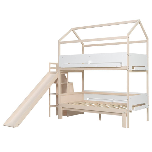 English Elm House-shaped Pine Bunk Bed with Built-in Slide Storage Staircase Twin Over Full Kids Frame Beige+White N820S00082A