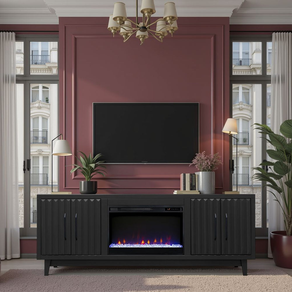 English Elm Radiance 75" Fireplace TV Stand for TVs up to 85" — Fluted Doors, 26" Electric Insert, Black Finish B108P345210