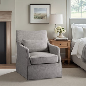 English Elm Skirted Martha Stewart Bedford Swivel Chair in Gray Polyester — 360° Comfort, 7" Foam Cushion, No Assembly B035P148424
