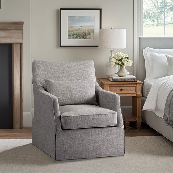 English Elm Skirted Martha Stewart Bedford Swivel Chair in Gray Polyester — 360° Comfort, 7" Foam Cushion, No Assembly B035P148424