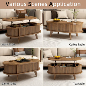 English Elm Fluted Oval Lift Top Coffee Table Walnut Wood Storage Mid Century Living Room W2641P449066