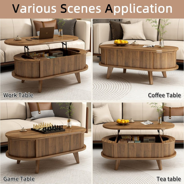English Elm Fluted Oval Lift Top Coffee Table Walnut Wood Storage Mid Century Living Room W2641P449066