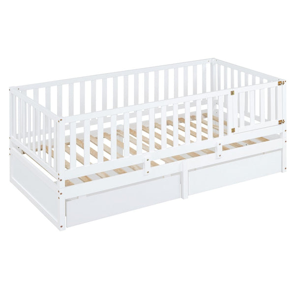 English Elm Twin Pinewood Daybed with Fence Guardrails Splits Into Two Floor Beds Storage White LP100881AAK