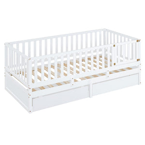 English Elm Twin Pinewood Daybed with Fence Guardrails Two Storage Drawers and Split Floor Bed White LP200881AAK