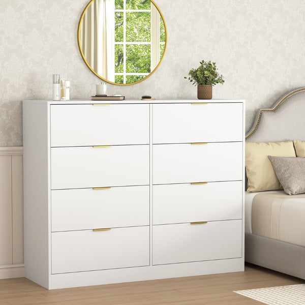 English Elm 8 Drawer Tall Chest Slim Particleboard Build Smooth Gliding Storage for Bedroom Closet White W409S00028