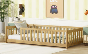 English Elm Twin Size Rubberwood Floor Bed with Safety Fence for Toddler Rooms Natural Finish W504P370528