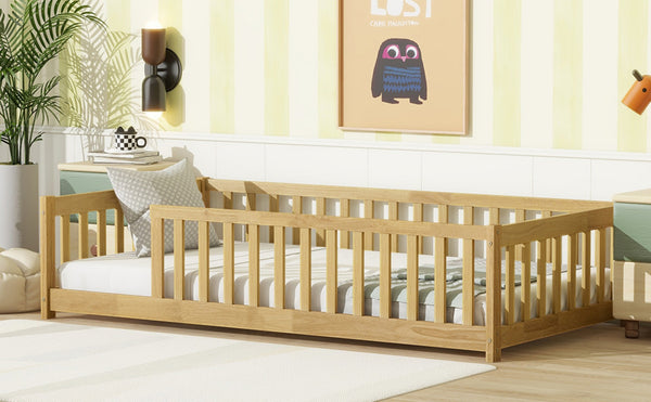 English Elm Twin Size Rubberwood Floor Bed with Safety Fence for Toddler Rooms Natural Finish W504P370528