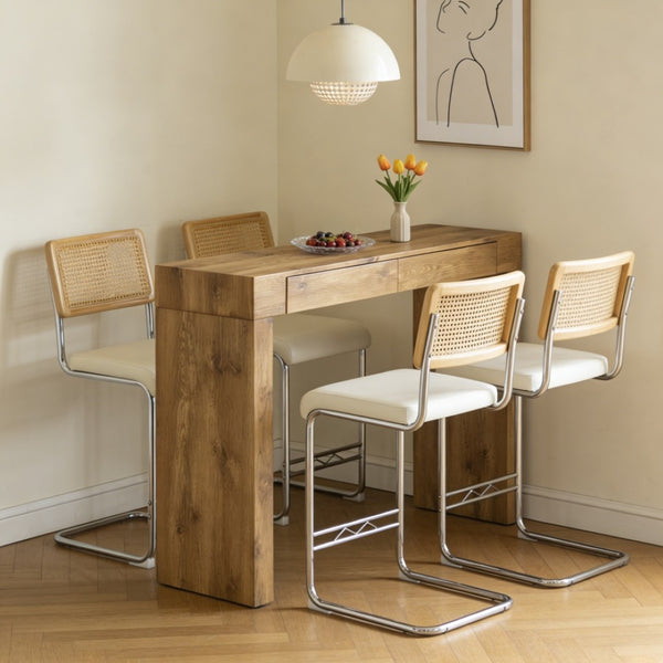 English Elm 4-piece Bar Set with Wood Grain Table Two Storage Drawers and Pu Leather Cushioned Stools W2920S00114