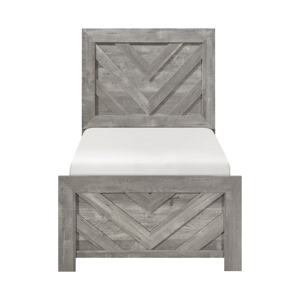 English Elm Contemporary Rustic V-pattern Panel Bed Twin Frame with Weathered Wood Grain Veneer Gray B011P250478