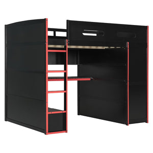 English Elm Full Size Gaming Loft Bed with Rgb Lighting Desk Wardrobe and Built-in Storage Red LT100261AAR