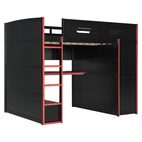 English Elm Full Size Gaming Loft Bed with Rgb Lighting Desk Wardrobe and Built-in Storage Red LT100261AAR