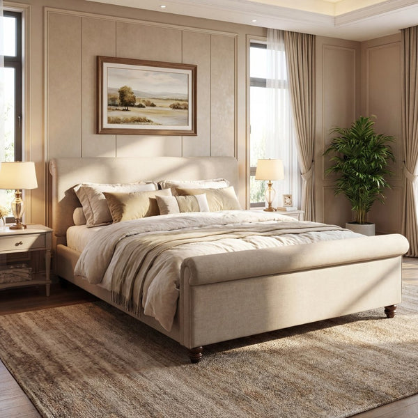English Elm King Upholstered Bed Linen Fabric Rolled Headboard Rubberwood Legs Primary Bedroom Sand N757K384825S