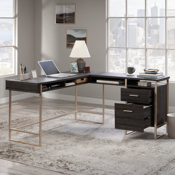 English Elm L-Shaped Desk In Sleek Black Finish - Spacious Corner Workspace With Durable Design & Storage Solutions B356P367899