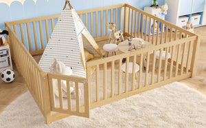 English Elm Queen Kids Floor Bed Pine Wood Frame with Safety Rails Door and Low Profile Design Natural W1580P417673