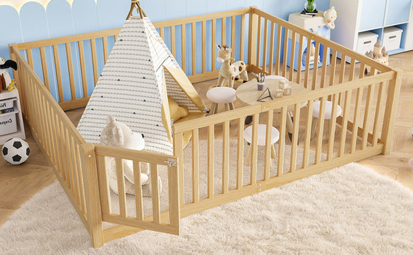English Elm Queen Kids Floor Bed Pine Wood Frame with Safety Rails Door and Low Profile Design Natural W1580P417673