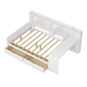 English Elm Full Full Size Wooden L-Shape Daybed with 7 Cabinets, 2 Drawers, Desk & Bookshelf — Space-Saving White N733S351674K