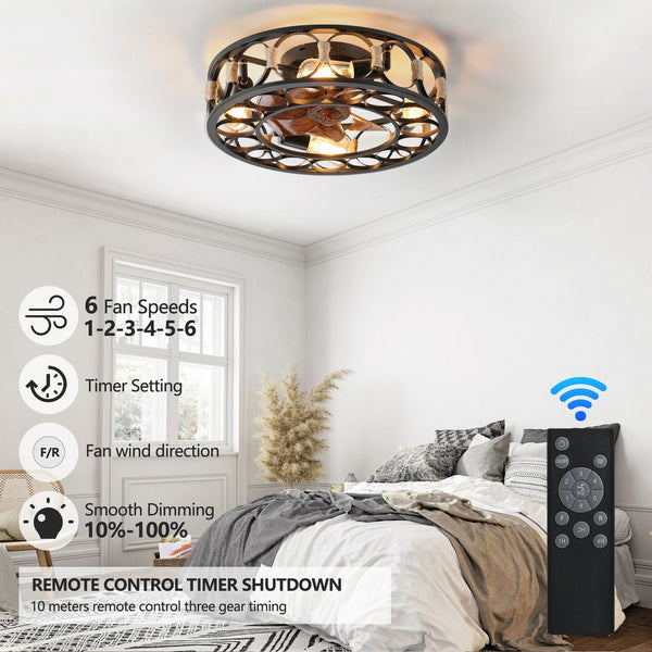 English Elm Caged Ceiling Fan With Led Lights & Remote Control, 6 Speed Low-Profile Farmhouse Design For Small Rooms W1340103796