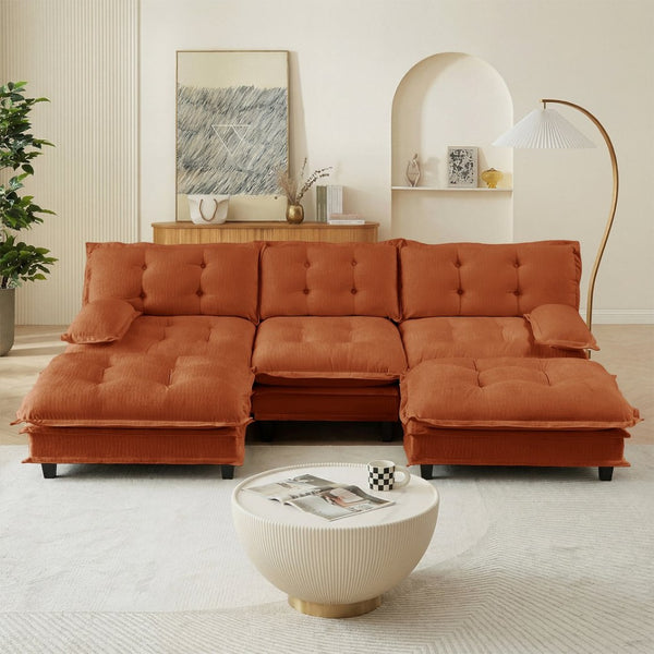 English Elm 107" U Shaped Chenille Sectional Cloud Sofa with Ottomans Deep Seat Modular Living Room Orange W714S01739