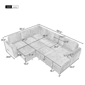 English Elm 107.5" U-Shaped Sofa Sectional Sofa Pull-Out Sofa Bed With A Storage Chaise Lounge, Charging Devices For Living Room, Beige