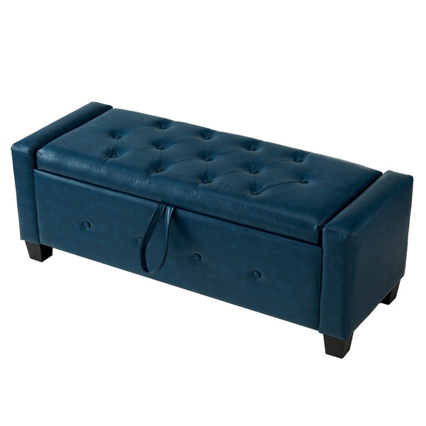 English Elm 48" Storage Ottoman Bench with Tufted Faux Leather Upholstery, Solid Wood Frame & 300lb Capacity Blue W1097P338780