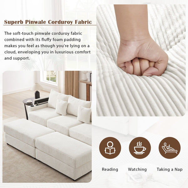 English Elm 95.3" Modern 3-Seater Sectional Sofa With Dual Ottomans, Usb Ports, Cup Holders & Hidden Storage N719S001613A