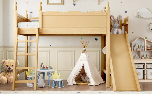 English Elm Twin Loft Bed Solid Pine Frame with Wardrobe Shelving Detachable Slide Kids Room Natural W5305S00017