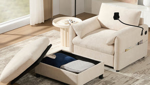 English Elm 37" Oversized Chenille Armchair with Ottoman Usb Charging Pocket Spring Living Room Beige N723P387145A