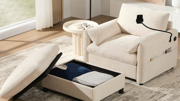 English Elm 37" Oversized Chenille Armchair with Ottoman Usb Charging Pocket Spring Living Room Beige N723P387145A