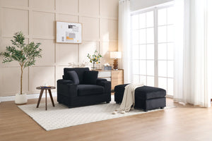 English Elm Corduroy Upholstered Chaise Lounge Sofa with Movable Ottoman, Cup Holder, Deep Seat Comfort Black W2120S00011