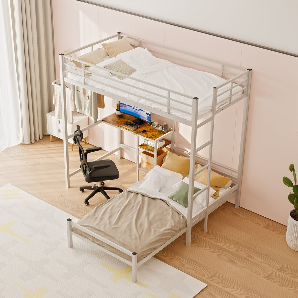 English Elm Bunk Bed Twin Over Twin With L-Shaped Desk, Storage Shelves & Safety Guardrail - Perfect For Teens! W3752P378629