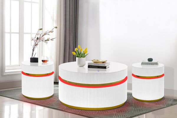 English Elm Tivoli Round Glass Top Coffee Table Set with Led Lighting and Gold Reeded Base B2749S00156
