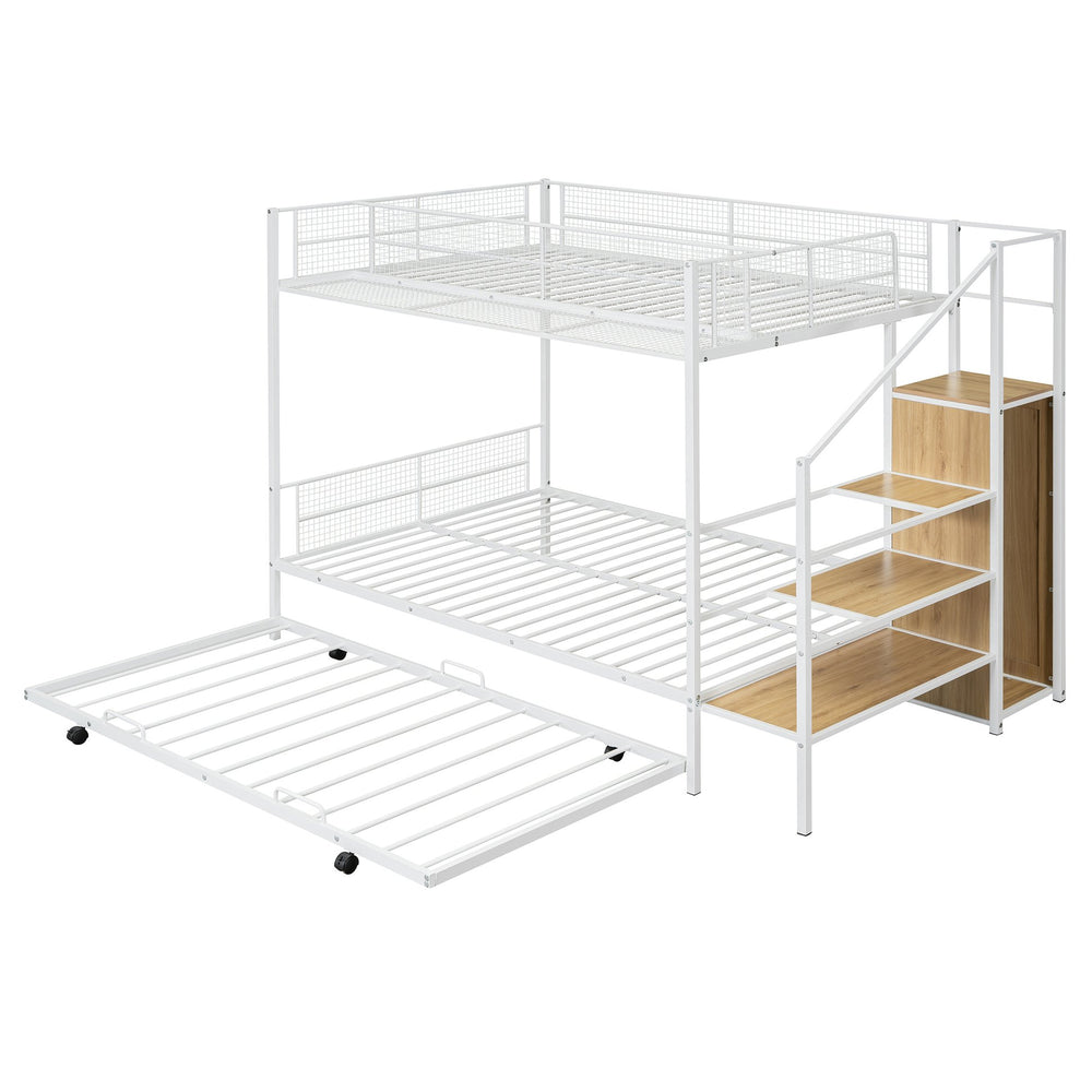 English Elm Twin Metal Bunk Bed with Trundle, Lateral Storage Ladder & Wardrobe | Space-Saving Durable Design White SF000173AAK