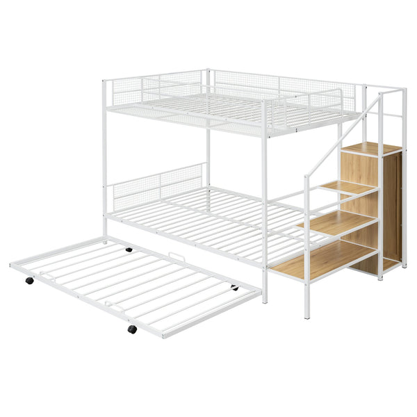 English Elm Twin Metal Bunk Bed with Trundle, Lateral Storage Ladder & Wardrobe | Space-Saving Durable Design White SF000173AAK