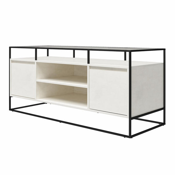 English Elm Camley Industrial Media Console with Fluted Glass Panels and Open Component Shelving B2733P444609