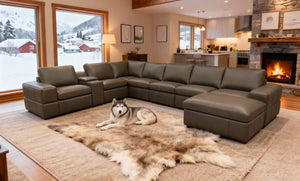 English Elm Large Square Arm Leather Match Modular Sectional for Open Concept Living Rooms Olive Green B2748S00143