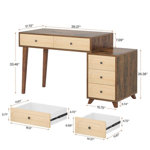 English Elm Classic Five Drawer Writing Desk with Round Metal Legs and White Engineered Wood Top T3971P453638