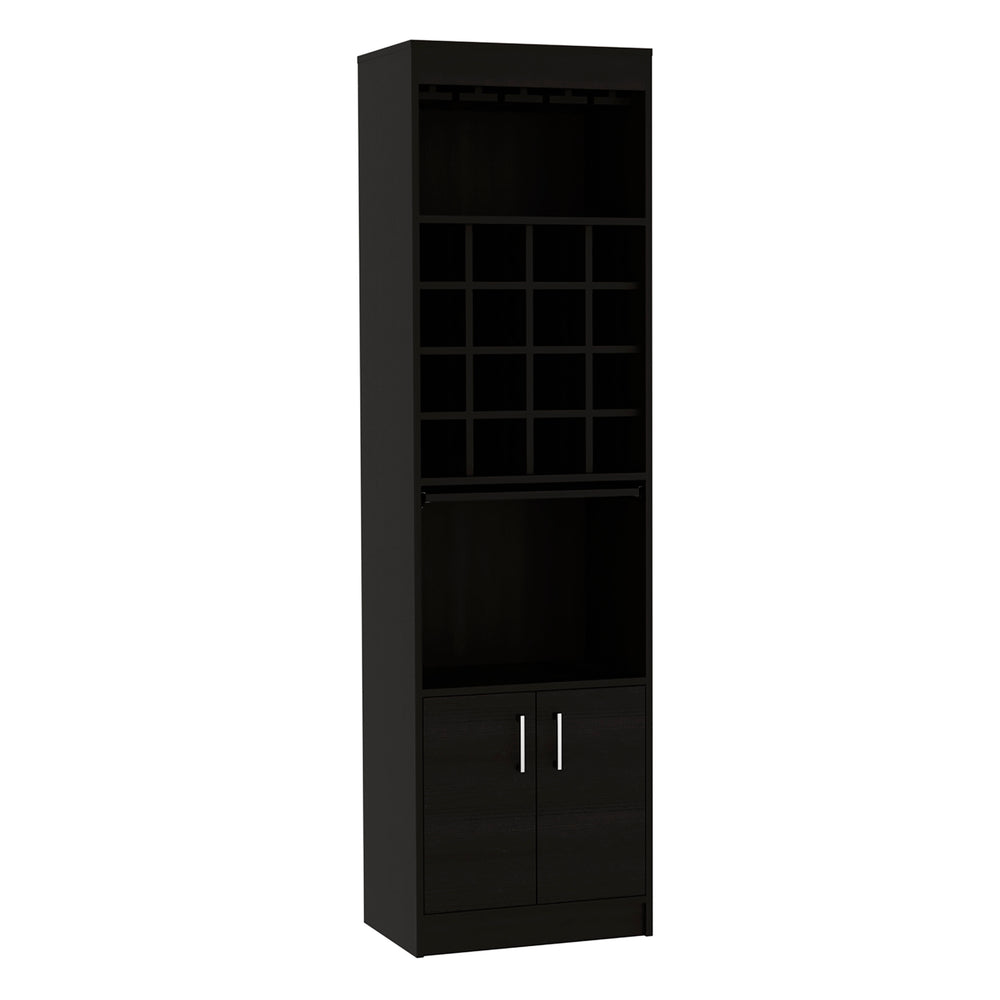 English Elm Kava 71" Bar Cabinet with Concealable Serving Tray, 16 Bottle Cubbies, 12 Glass Rack, Black Finish B200S00104