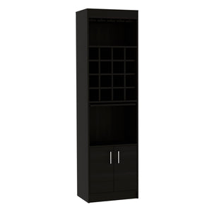 English Elm Kava 71" Bar Cabinet with Concealable Serving Tray, 16 Bottle Cubbies, 12 Glass Rack, Black Finish B200S00104