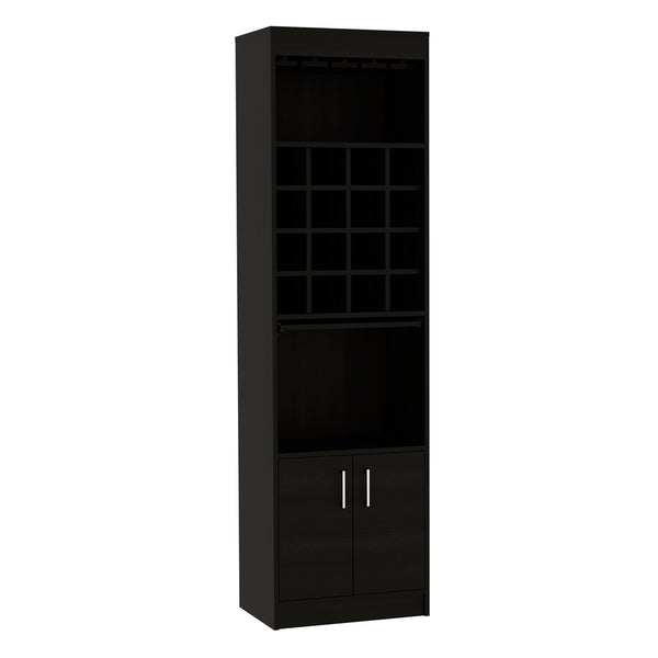 English Elm Kava 71" Bar Cabinet with Concealable Serving Tray, 16 Bottle Cubbies, 12 Glass Rack, Black Finish B200S00104