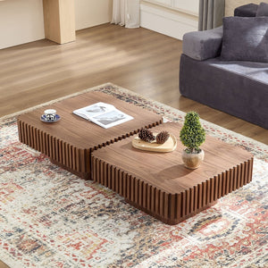 English Elm 2-piece Nesting Round Coffee Table Set Wood Veneer Sculptural Living Room Accent Walnut W2582S00182