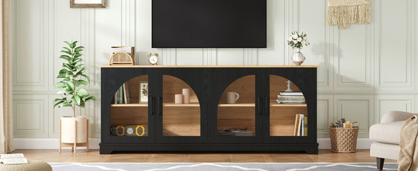 English Elm Farmhouse Media Console with Arched Glass Doors Wood Grain Two Tone Living Room Storage Black N721P411204B