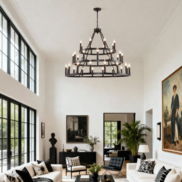 English Elm 39.37 Inch Three Tier Wagon Wheel Chandelier 36 Light Black Metal for High Ceilings W5008P392646