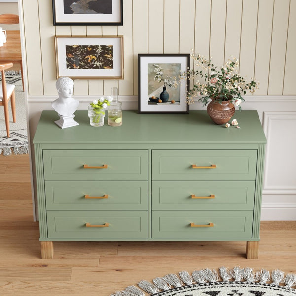 English Elm 6-drawer Double Dresser Solid Wood Legs Mid-century Modern Bedroom Storage Cabinet W1445S00010