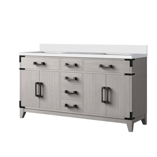 English Elm White Oak Double Bath Vanity 60" W X 22" D, Elegant White Quartz Top & Ample Storage Solutions B2731P259868-GIGA